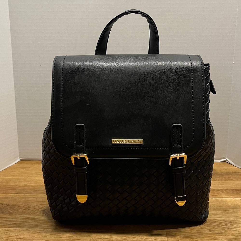 Malibu Skye Black & Braided Black Faux Leather Backpack Purse w/ Gold Tone Trim